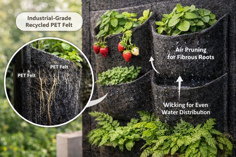PET Felt Pockets and Wicking Systems based vertical gardens