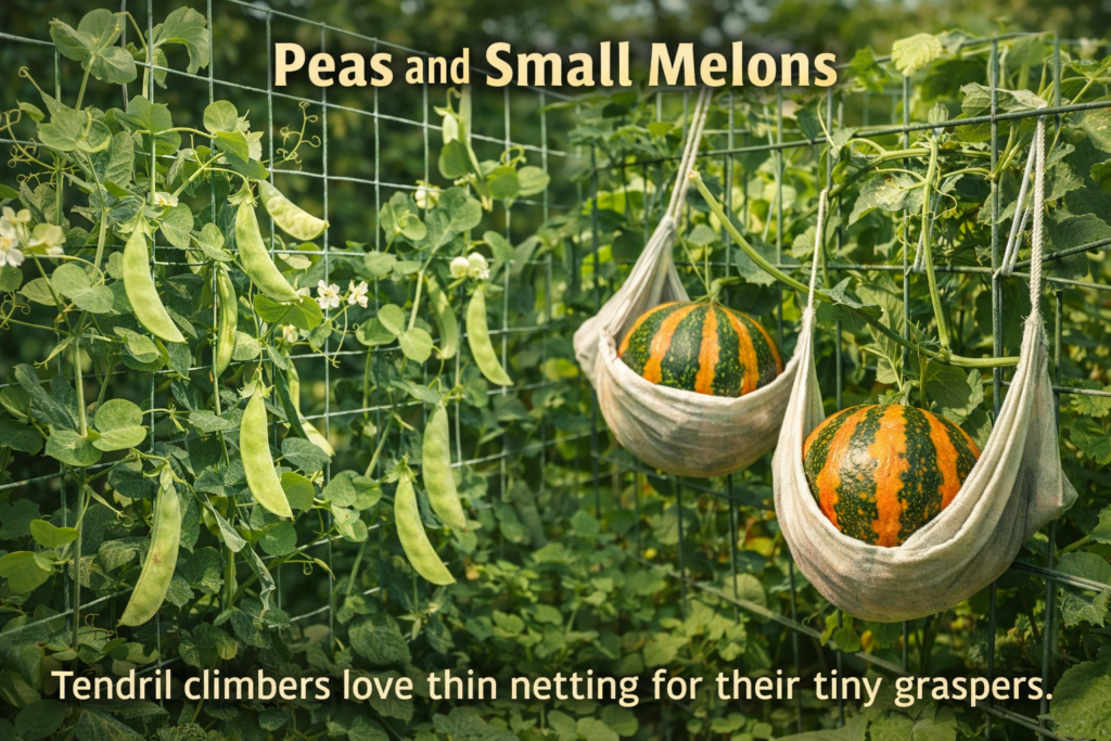 peas and small melons in a vertical garden
