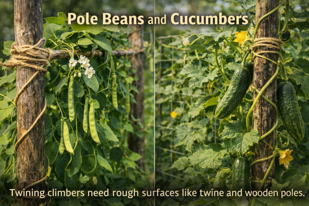 pole beans and cucumbers in a vertical garden