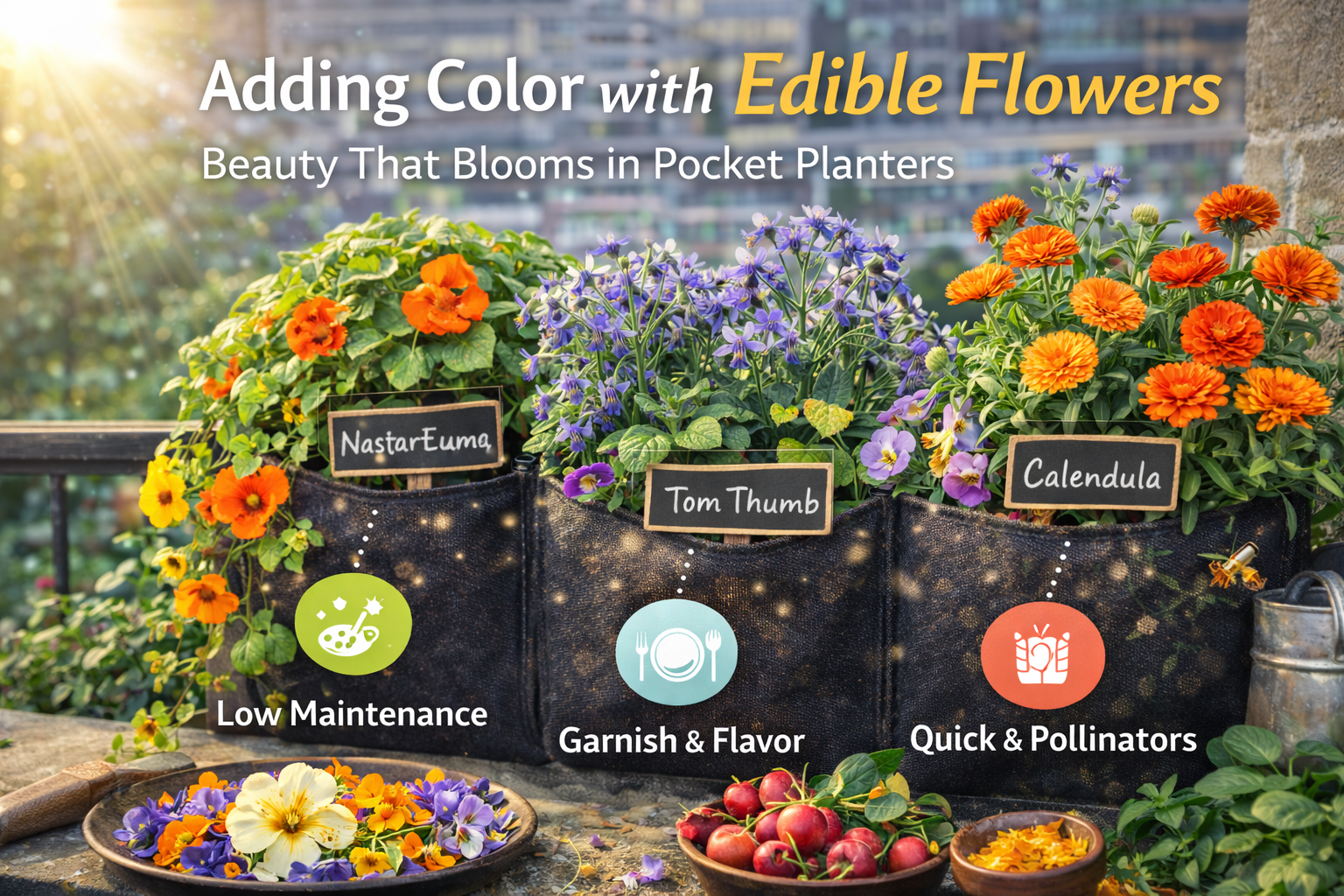 edible flowers in vertical garden