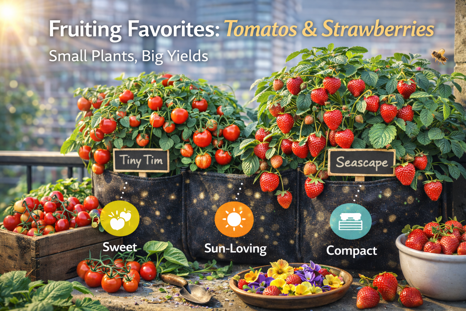 tomatos and strawberries in vertical gardens